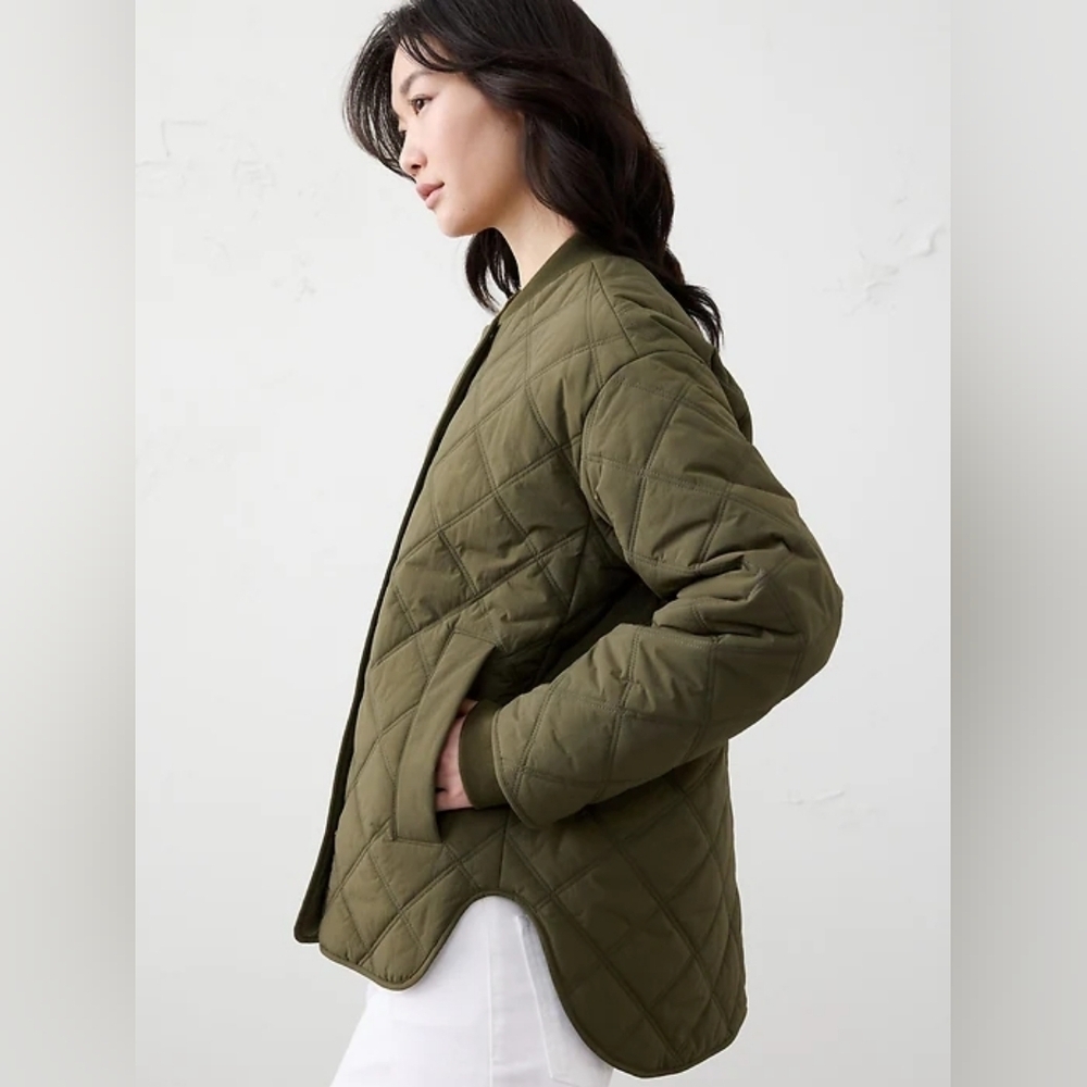 Banana Republic Nylon Quilted Jacket Water Resistant Snap Zip Bomber Green Small
